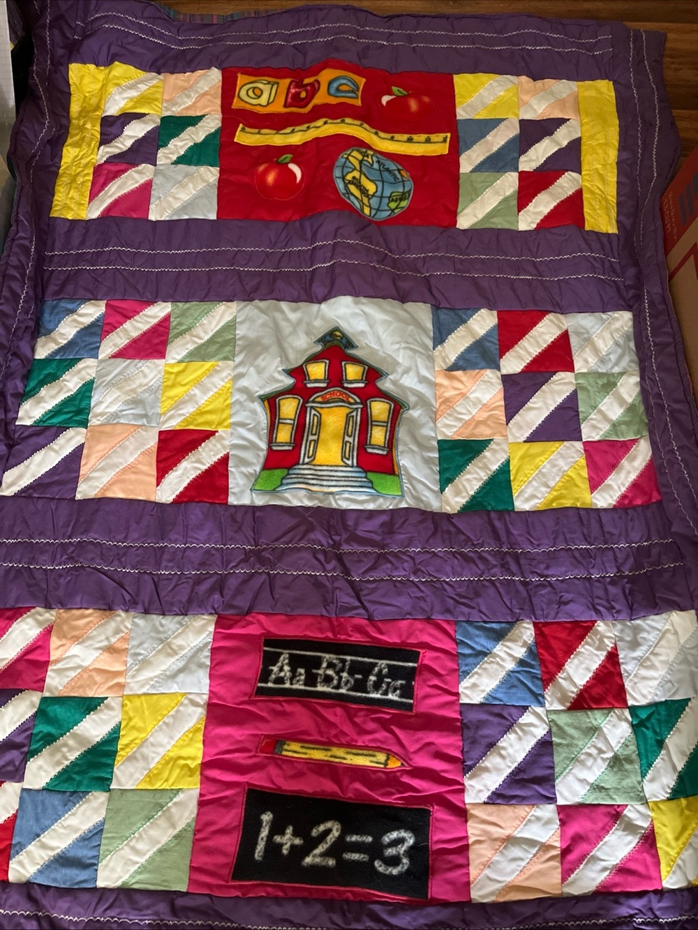 Vintage Schoolhouse Handmade Patchwork Quilt Purple Pastel Colorful 52”x41”